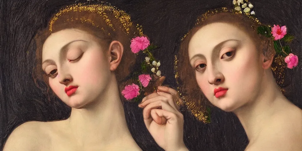 Image similar to a portrait of a very beautiful goddess with a halo behind her head, seductively looking in front, closeup, beautiful aesthetic face, in the style of Caravaggio and Vermeer and Gustav Klimt, realistic, dark, dramatic lighting, large flowers in the background
