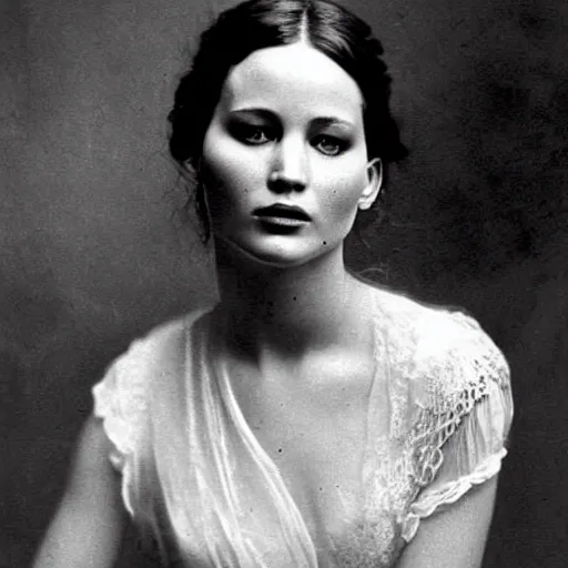 Image similar to victorian photograph of grace jennifer lawrence, angelina jolie, 1 8 9 0 s photography, 1 9 0 0, realistic face, symmetrical face, studio photograph, grainy, edwardian, old photo