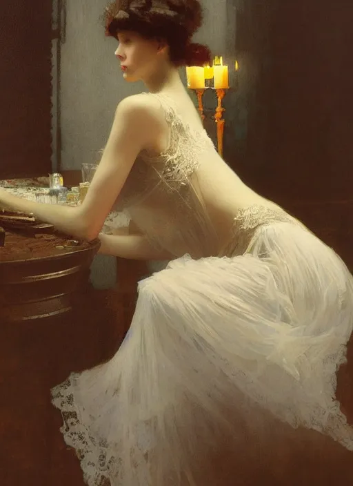 Prompt: a romantic photo of a woman in a dark room wearing lace smoking a cigarette advertisement photography looking at camera by mucha, nick alm, norman rockwell, greg rutkowski, greg manchess, ethereal, dark, candlelight, pagan, extremely coherent, sharp focus, elegant, sharp features, render, octane, detailed, award winning photography, masterpiece, rim lit