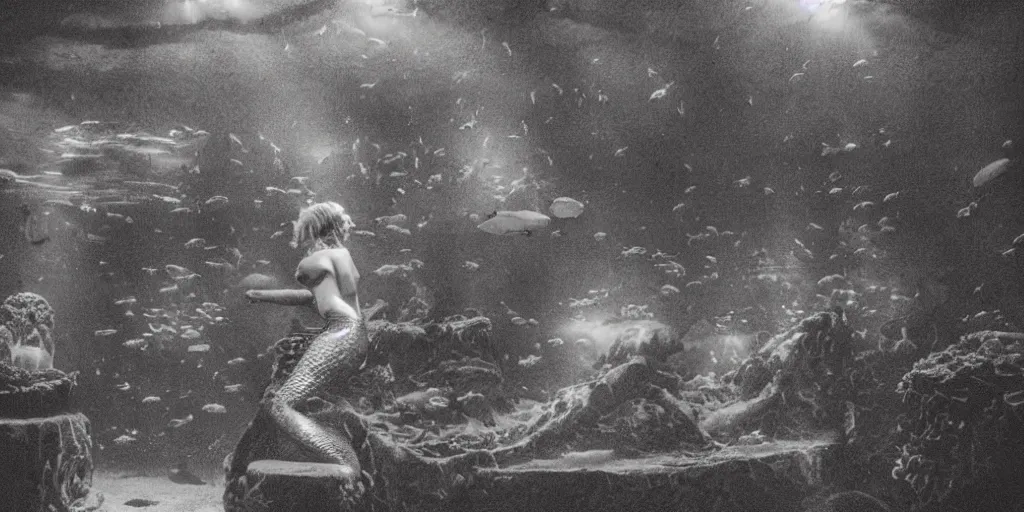 Image similar to A mermaid in an aquarium looking out at a crowd, moody, lonely