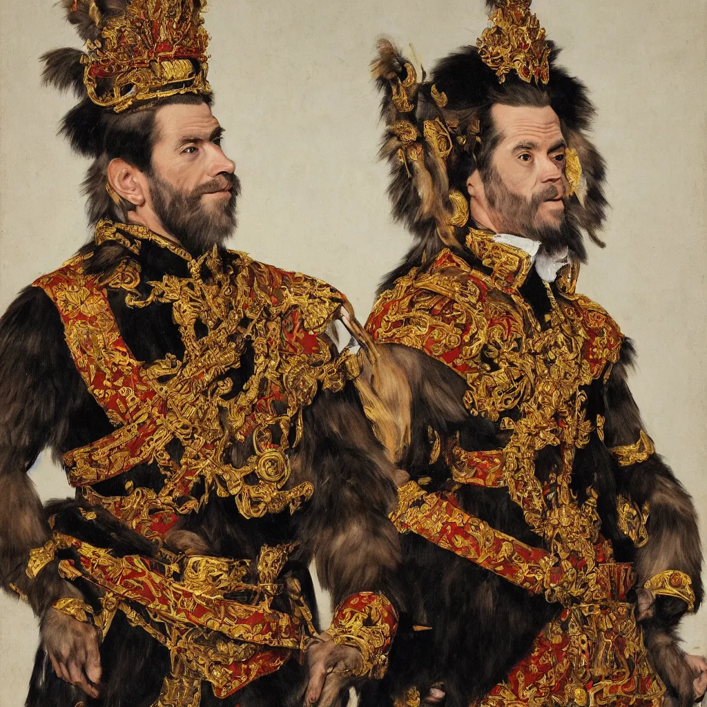 Prompt: portrait of a monkey king of spain felipe vi, artwork by velazquez, trending on artstation, monkey dressed as general military, wearing a donkey ears