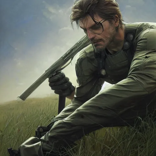 Prompt: metal gear solid snake lying down in an open field, intricate, elegant, highly detailed, centered, digital painting, artstation, concept art, smooth, sharp focus, illustration, artgerm, tomasz alen kopera, peter mohrbacher, donato giancola, joseph christian leyendecker, wlop, boris vallejo