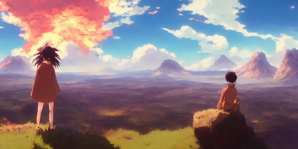 Image similar to anime character watching a landscape with mountains, sky is burning, hyperrealistic, trending on pixiv fanbox, painted by greg rutkowski makoto shinkai takashi takeuchi studio ghibli, akihiko yoshida