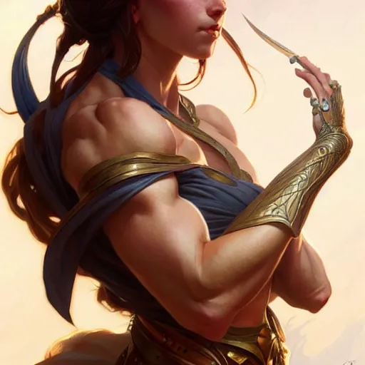 Image similar to A girl fantasy upper body, D&D, muscular, fantasy, intricate, elegant, highly detailed, digital painting, artstation, concept art, smooth, sharp focus, illustration, art by artgerm and greg rutkowski and alphonse mucha