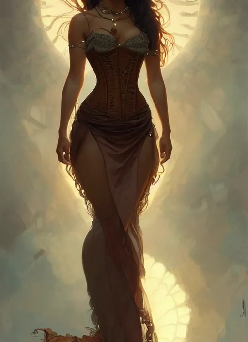 Image similar to cute brown woman wearing a translucent corset dress, fantasy, intricate, highly detailed, digital painting, artstation, concept art, wallpaper, smooth, sharp focus, illustration, art by artgerm and greg rutkowski and alphonse mucha