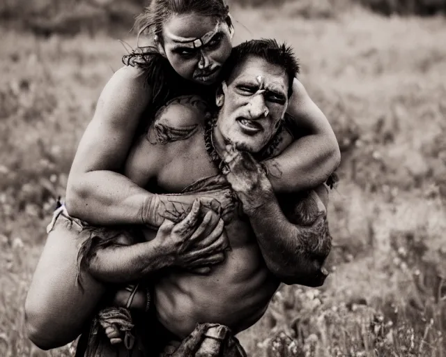 Image similar to Orc woman carrying human man in her arms, happy couple photograph