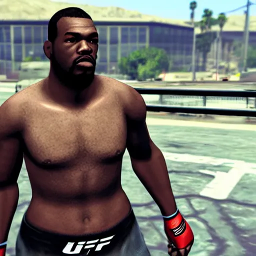 Image similar to character screenshot of ufc fighter jon jones in grand theft auto, ps 3 graphics, city, 7 2 0 p, gta v, fight