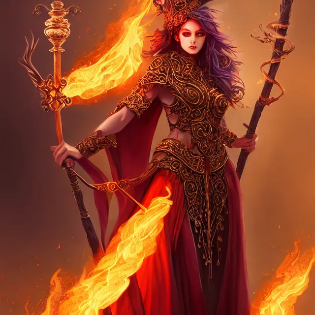 Image similar to beautiful elemental fire witch with ornate robes and staff, highly detailed, 4 k, hdr, smooth, sharp focus, high resolution, award - winning photo, artgerm, photorealistic