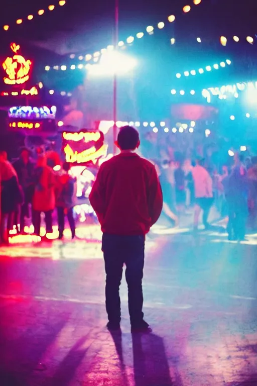 Prompt: agfa vista 4 0 0 photograph of a guy standing in the middle of a carnival, back view, synth vibe, vaporwave colors, lens flare, moody lighting, moody vibe, telephoto, 9 0 s vibe, blurry background, grain, tranquil, calm, faded!,