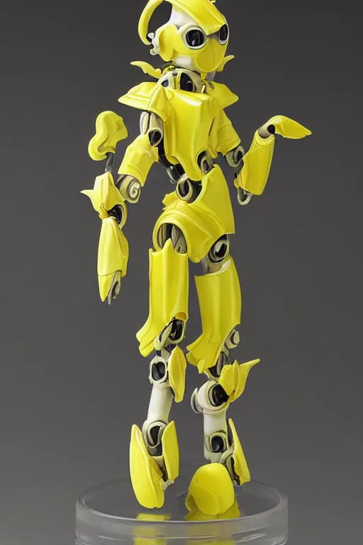 Image similar to a intricate anime figurine that looks like a white plastic anime robot with fluo colored details covered in yellow smoke, moody light, flemish painting