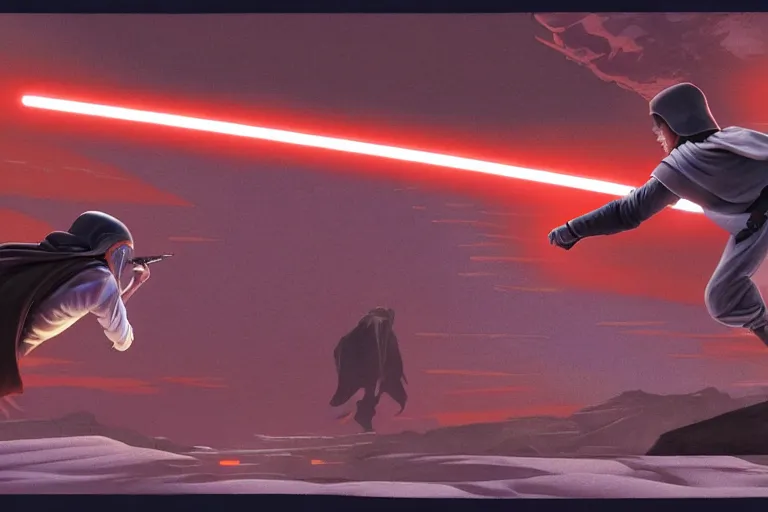 Prompt: Anakin vs Obi-Wan on Mustafar, art by Ralph McQuarrie