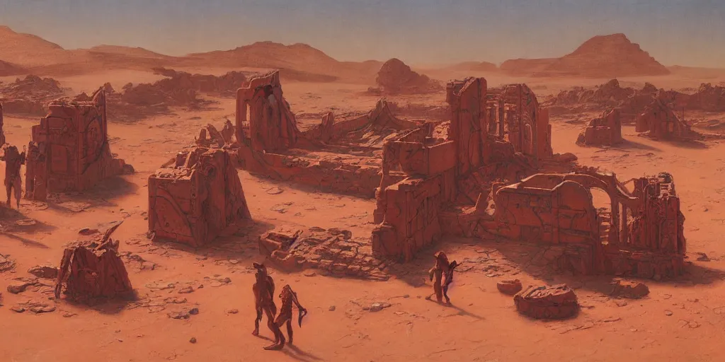 Image similar to ruins of an acient art deco civilization on mars, red desert, painted by ruan jia, raymond swanland, lawrence alma tadema, zdzislaw beksinski, norman rockwell, jack kirby, tom lovell, alex malveda, greg staples