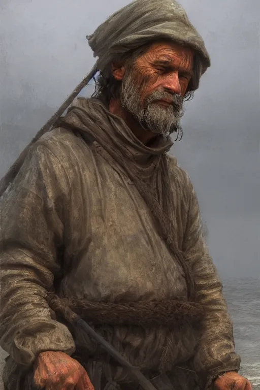 Image similar to medieval fisherman, close-up portrait, poor, intricate, elegant, volumetric lighting, scenery, digital painting, highly detailed, artstation, sharp focus, illustration, concept art,ruan jia, steve mccurry