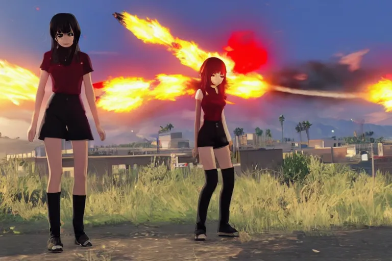 Prompt: Megumin in GTA V casts explosion, PhotoRealistic San Andreas ENB