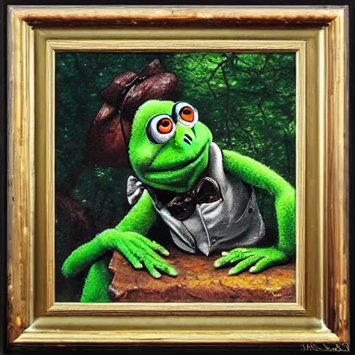 thomas kinkade painting of kermit the frog dabbing | Stable Diffusion