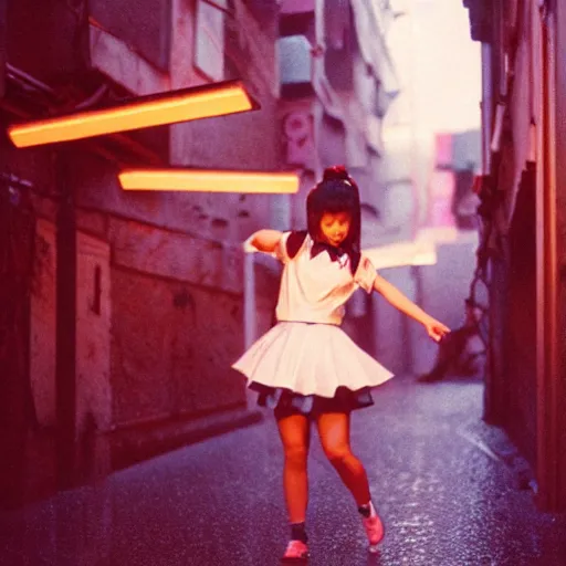 Image similar to 1990s perfect 8K HD professional cinematic photo of close-up japanese schoolgirl dancing in dystopian alleyway with neon signs, at evening during rain, at instagram, Behance, Adobe Lightroom, with instagram filters, depth of field, taken with polaroid kodak portra