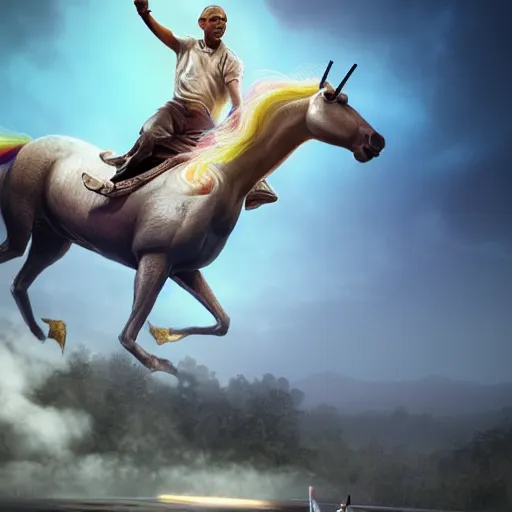 Image similar to obama riding on a unicorn, au naturel, hyper detailed, digital art, trending in artstation, cinematic lighting, studio quality, smooth render, unreal engine, octane rendered, art style,