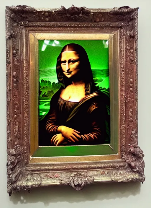 Image similar to pink rock Mona Lisa with a green Mohawk and piercings and face tattoos