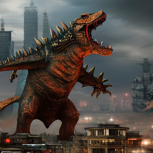 Image similar to a steampunk godzilla monster destroying a brutalist city, render, digital art, intricate detail, award winning cgi, photorealist