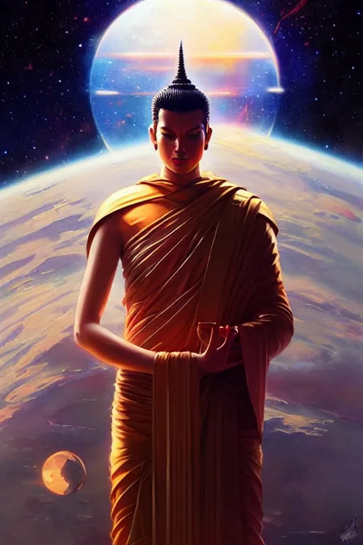 Image similar to space buddhism, futurism, painting by greg rutkowski, j. c. leyendecker, artgerm