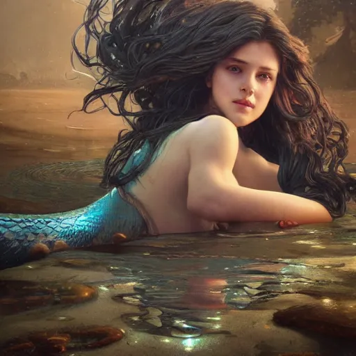 Image similar to a mermaid stuck in a giant puddle of motor oil, ultra realistic, concept art, intricate details, highly detailed, photorealistic, octane render, 8 k, unreal engine. art by artgerm and greg rutkowski and magali villeneuve and alphonse mucha