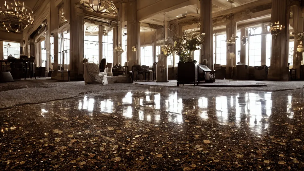 Image similar to dustpunk freckled butler floor in a bright lobby, iso 2 0 0