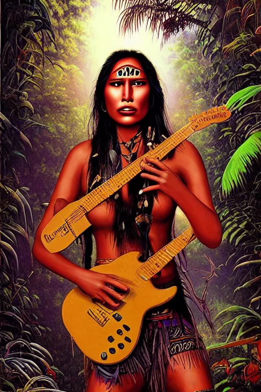 Image similar to an indigenous beautiful woman with playing with a fender guitar in the jungle, marshall jvm 2 0 5 c, poster art by daniele caruso, benediktus budi, jason edmiston, vc johnson, powell peralta, volumetric light, fog