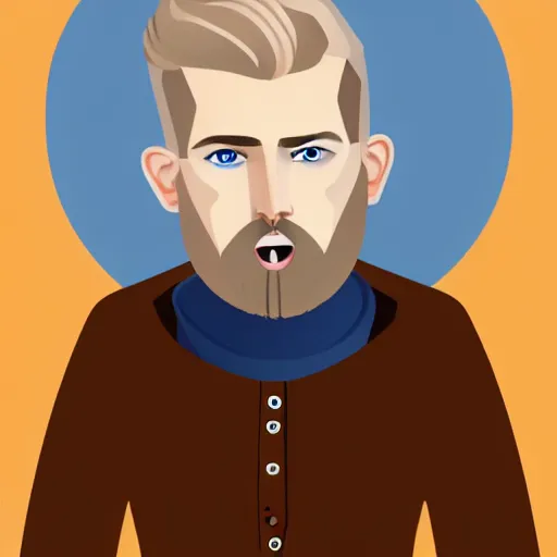 Prompt: A portrait of a british man, teacher, with short blond hair and a short blond beard, blue eyes, pale skin, English heritage, digital art, cartoon, mid-shot, 8k