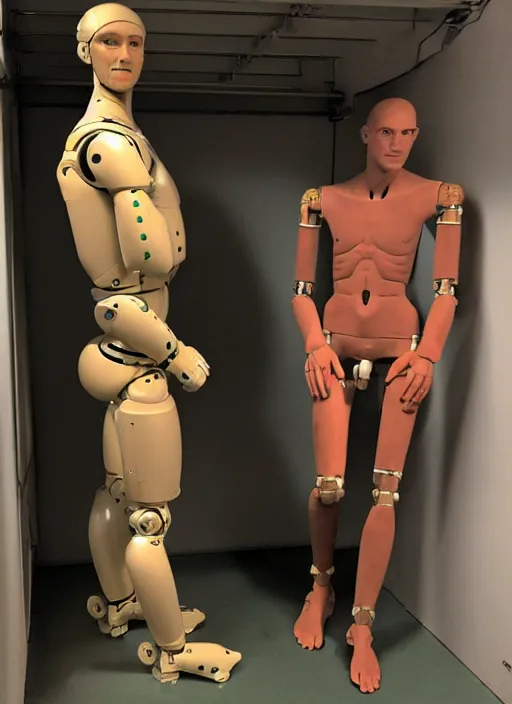 Image similar to a humanoid robot with an adult male human looking face is the statue david by michelangelo, polaroid, flash photography, photo taken in a back storage room where you can see empty shelves in the background,