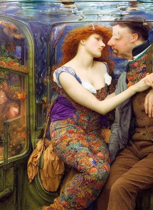 Image similar to detailed colourful masterpiece of intricate preraphaelite photography couple portrait sat down extreme closeup, love, inside a full underwater train, detailed realistic expressions, wearing unusual clothes, by ford madox brown and william powell frith and frederic leighton and john william waterhouse and william morris, ultra wide angle