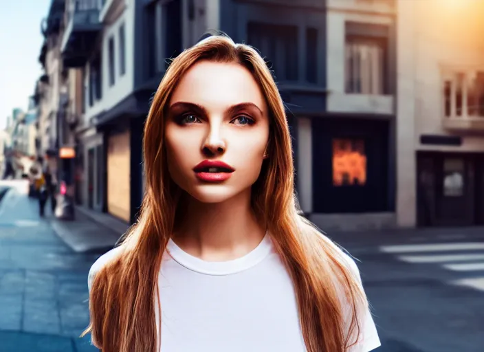 Image similar to clear photorealistic mockup product photograph of a blank black tshirt on an attractive female model in front of a lively street background