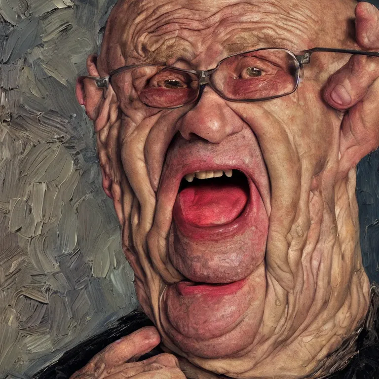 Image similar to warmly lit close up studio portrait of aging angry!! screaming! old George Costanza age 115 wrinkled furious!, impasto oil painting thick brushstrokes by Lucian Freud and Cy Twombly and Tim Hawkinson , trending on artstation dramatic lighting Expressionism