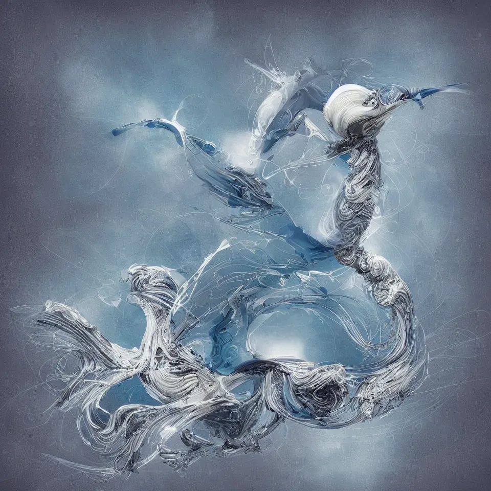 Image similar to beautiful artistic - wave highly detailed robotic bird, with head phones, digital painting, digital art, beautiful, cinematic, 4 k, ultra hd, art by ben templesmith, dynamic lighting, gradient light blue, blonde cream and white color scheme, grunge aesthetic