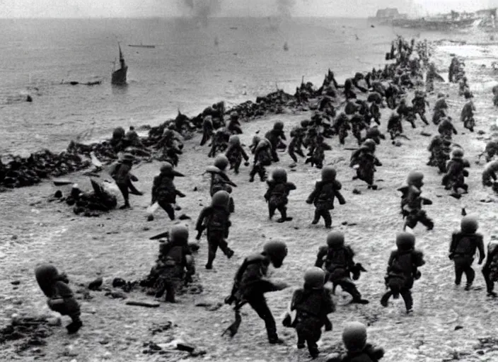 Image similar to despicable me minions storming the beaches of Normandy on d-day, world war 2 old photo, grainy