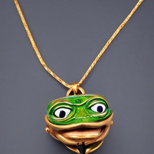 Prompt: pre - columbian pepe the frog head jewelry