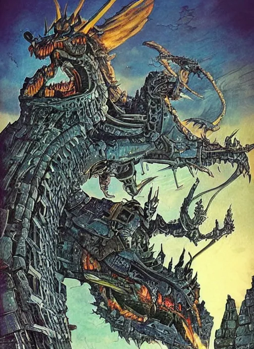 Image similar to detailed fantasy comic book drawing of a ( giant mechanical dragon ) over a ( stronghold castle ) by dariusz zawadski and simon stalenhag, simon bisley!, jack kirby!!! and gris grimly, cinematic, epic, awesome color palette, hard contrast, ink outlines