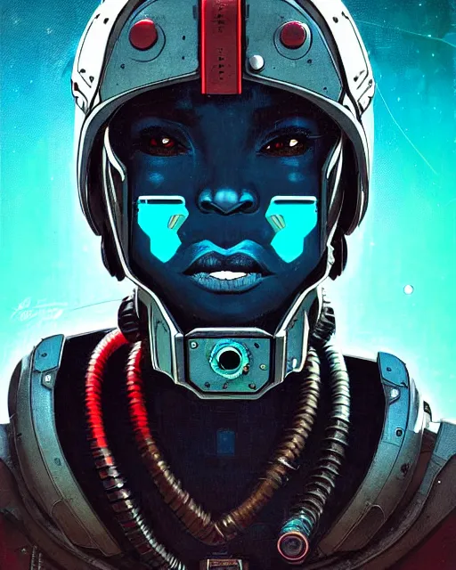 Prompt: sojourn from overwatch, african canadian, gray dread locks, teal silver red, teal cyber eyes, character portrait, portrait, close up, concept art, intricate details, highly detailed, vintage sci - fi poster, retro future, vintage sci - fi art, in the style of chris foss, rodger dean, moebius, michael whelan, and gustave dore