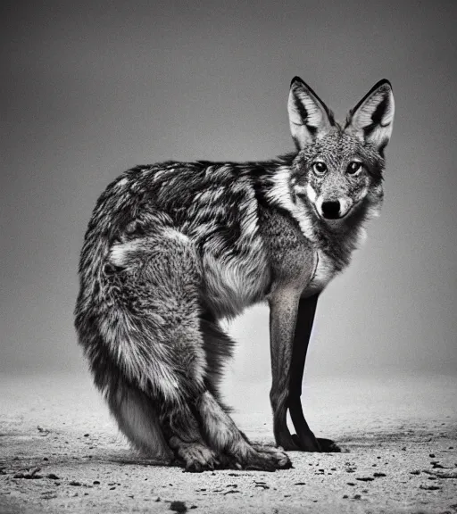 Image similar to Award winning Editorial photo of a wild coyote with dinner by Edward Sherriff Curtis and Lee Jeffries, 85mm ND 5, perfect lighting, gelatin silver process