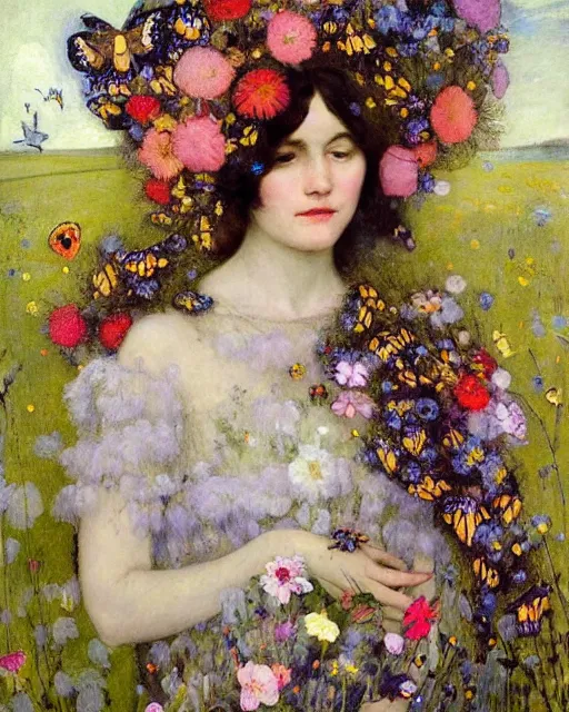 Prompt: a beautiful dark haired girl covered with butterflies wearing a colourful patterned dress and a flower crown surrounded by wild flowers, painted by edgar maxence, edward hopper, wayne barlowe, james gilleard and james jean