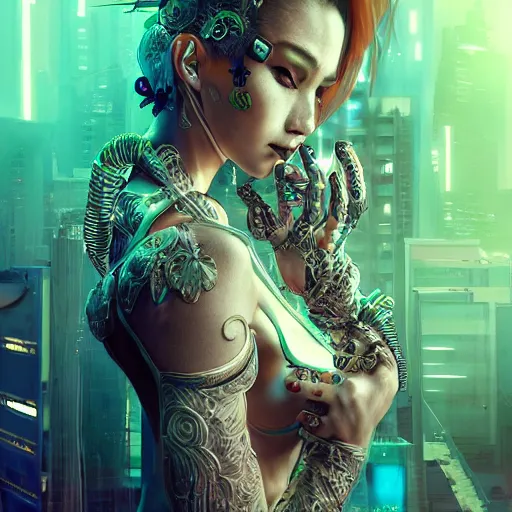 Image similar to the portrait of an absurdly beautiful, graceful, sophisticated, fashionable cyberpunk gravure idol, an ultrafine hyperdetailed illustration by kim jung gi, irakli nadar, intricate linework, neon colors, porcelain skin, unreal engine 5 highly rendered, global illumination, radiant light, detailed and intricate environment