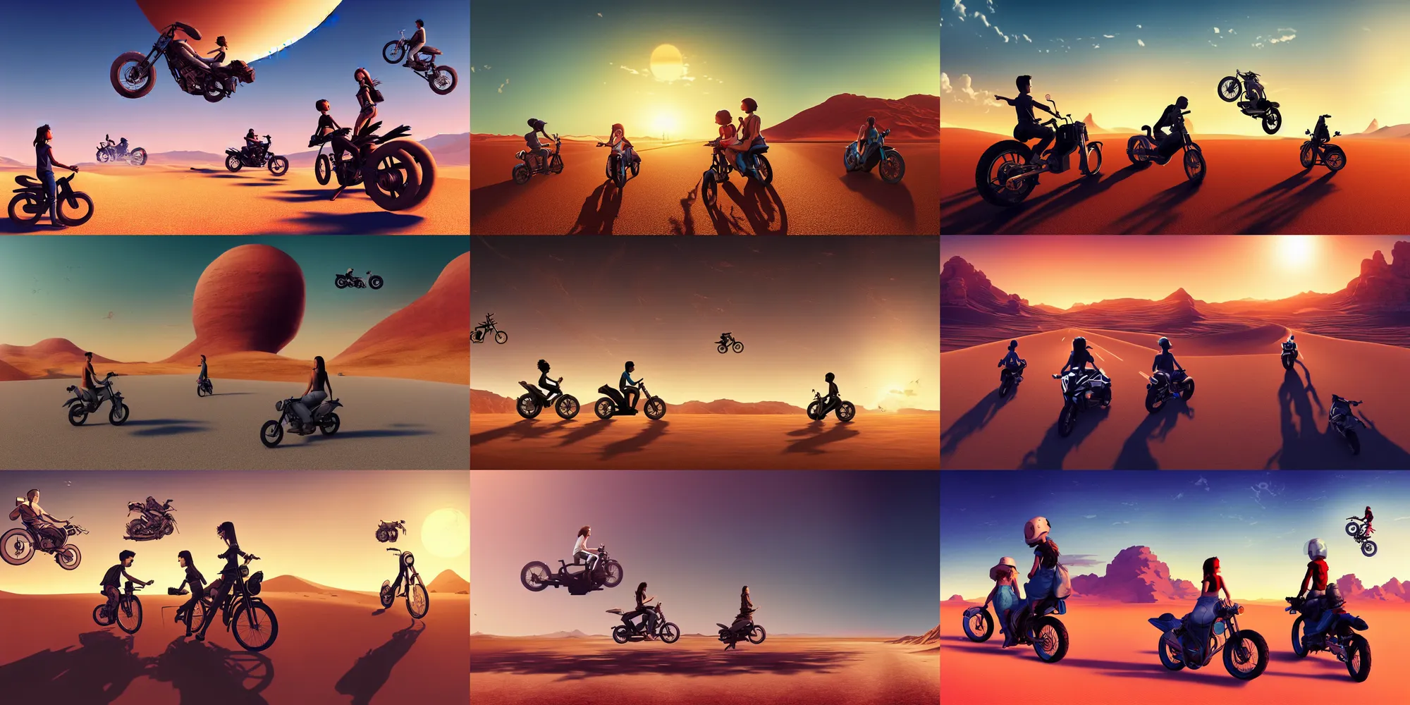 Prompt: boy and girl riding motorbike in center of frame, drive out, desert, road, blue sky sunset, realistic, inspired by greg rutkowski, android jones, beeple, rhads, shaun tan, frostbite 3 rendered