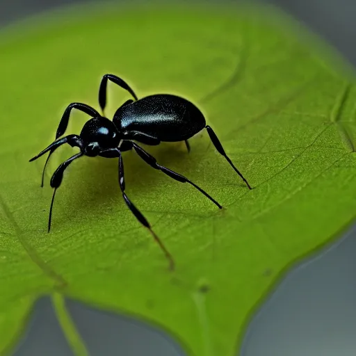 Prompt: cyberpunk ant on a green leaf, macro photography, 8 k, moody lighting, shallow depth of field,