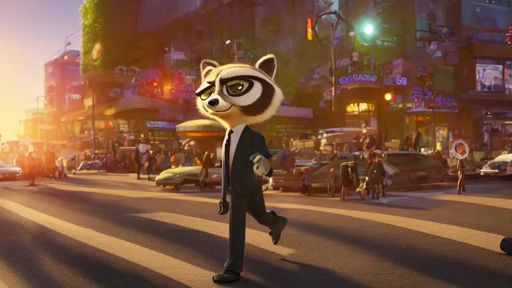 Image similar to An anthropomorphic raccoon businessman is walking down a busy crosswalk at sunset, warm lighting with an orange glow blanketing the cityscape, zootopia, other anthropomorphic characters are walking by him, extremely detailed, HDR, sideview, solemn and moody, many cars and animal people in the background, detailed face and eyes, large and detailed eyes with visible pupils, the road is wet with many rain puddles, reflections from the water on the ground, shadows are being cast from the cars and people walking around, raining