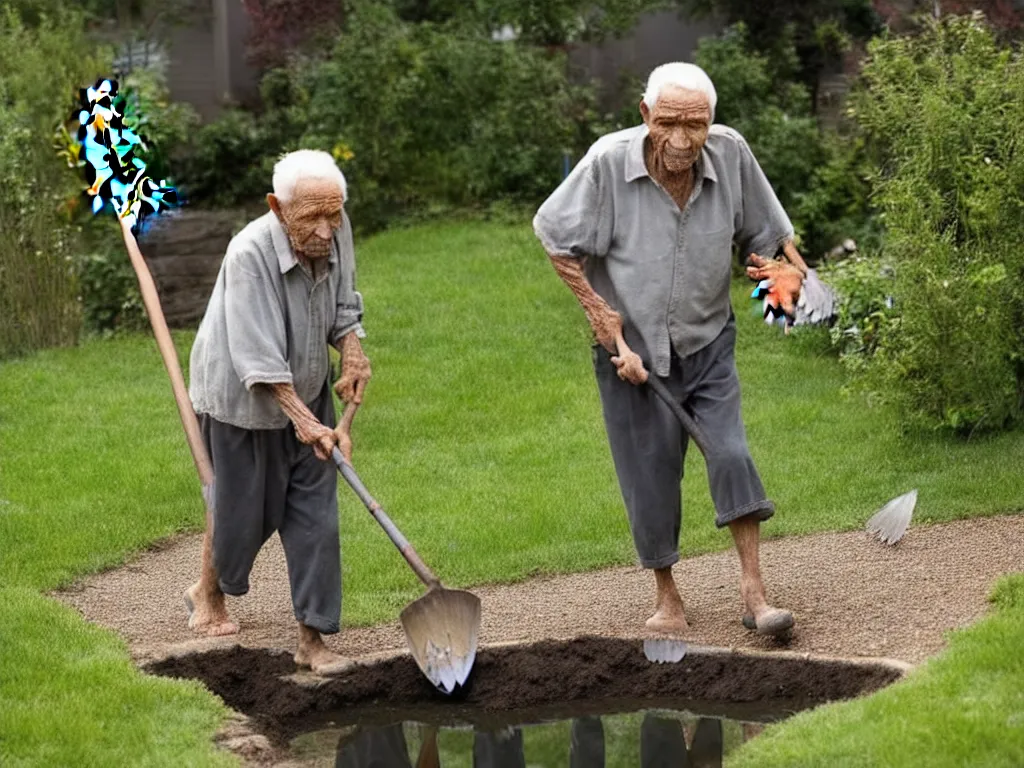 Image similar to old man appears carrying a shovel. he's also carrying a fish. then i remember, the fish in the pond died yesterday, and he's going to bury it. old woman had seen the neighbour burying their pet cat and thought that it was the thing to do.