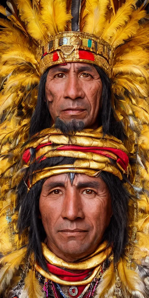 Image similar to portrait of inca king in 1 4 1 8, pacha kutiq inka yupanki. gold jewelry, old headdress with feather, with a red cape. unreal 5, hyper realistic, realistic, photo realistic, dynamic lighting, highly detailed, cinematic landscape, studio landscape, studio lighting