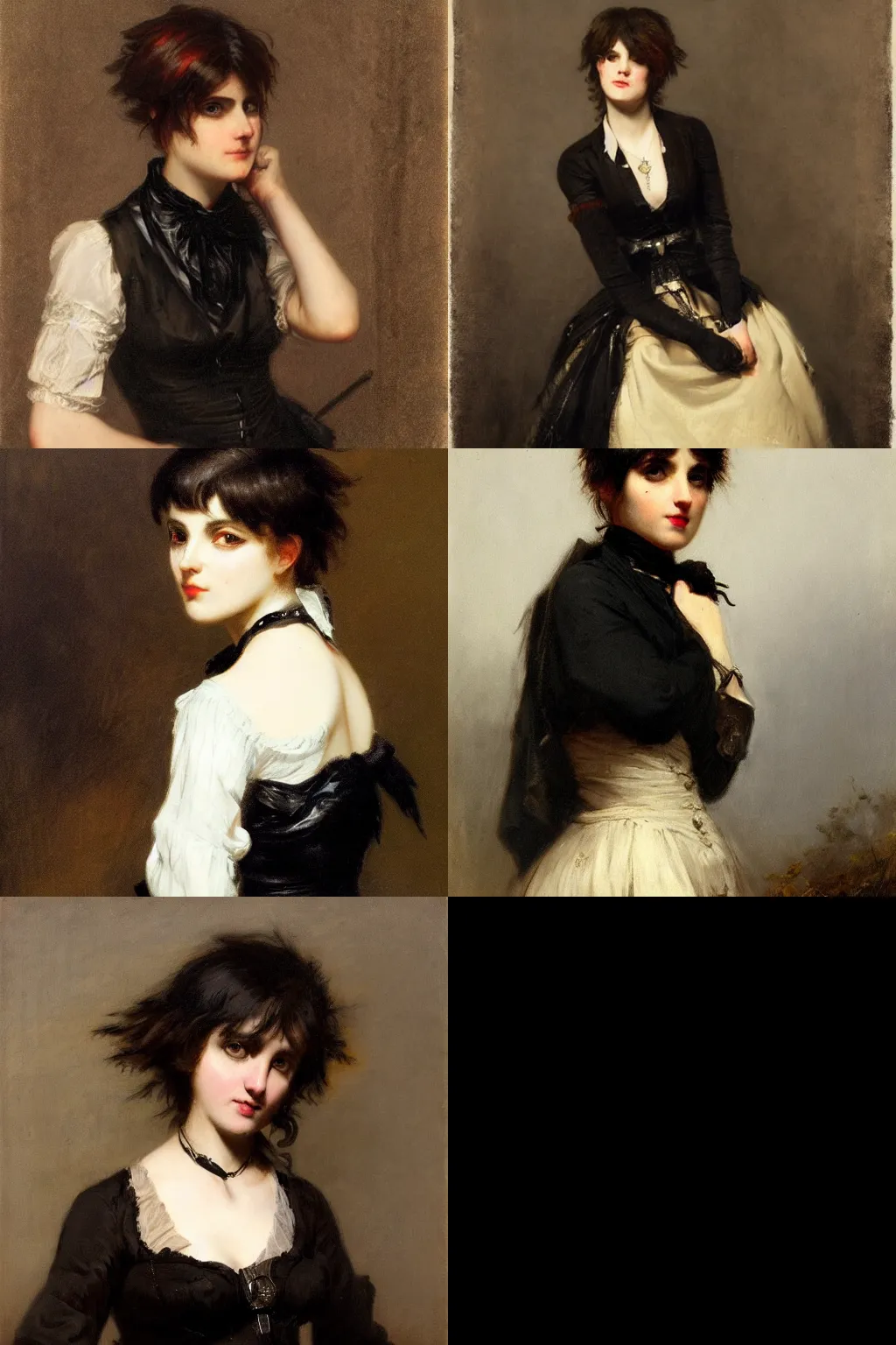 Prompt: goth by andreas achenbach. high - quality character portrait. short dark brown messy pixie haircut, large black eyes, slightly rounded face, pointed chin, small nose, black tank top, black leather jacket, black knee - length skirt, black choker.