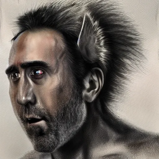 Image similar to nic cage as a furry, buff, painted portrait, highly detailed,