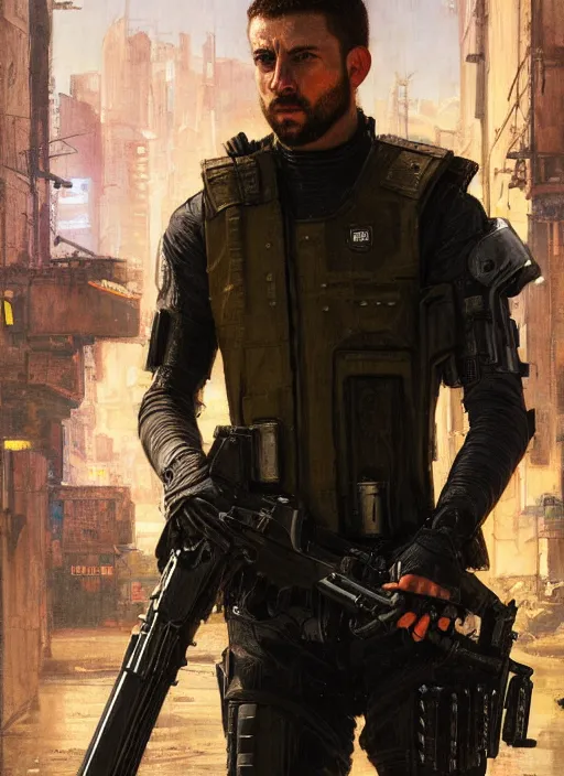 Prompt: 🤿🎧🚧 cyberpunk police trooper in a military vest ( blade runner 2 0 4 9, cyberpunk 2 0 7 7 ). orientalist portrait by john william waterhouse and james gurney and theodore ralli and nasreddine dinet, oil on canvas. cinematic, hyper realism, realistic proportions, dramatic lighting, high detail 4 k