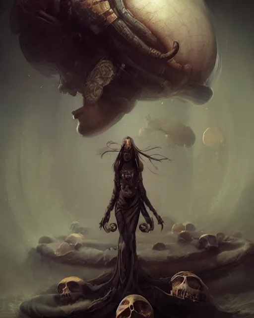 Prompt: realistic photo of a being shackled in the void, by akihiko yoshida and cgsociety. stunning goddess of speed charlie bowater and tom bagshaw, insanely detailed, artstation, space art. atoms surrounded by skulls and spirits deep under the sea, horror, sci - fi, surrealist painting, by peter mohrbacher
