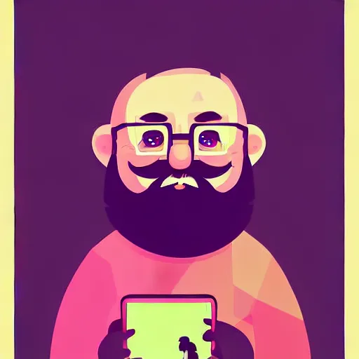 Image similar to curled perspective digital art of a cute smiling beard grandpa cartoon character taking a photo to a baby girl by anton fadeev